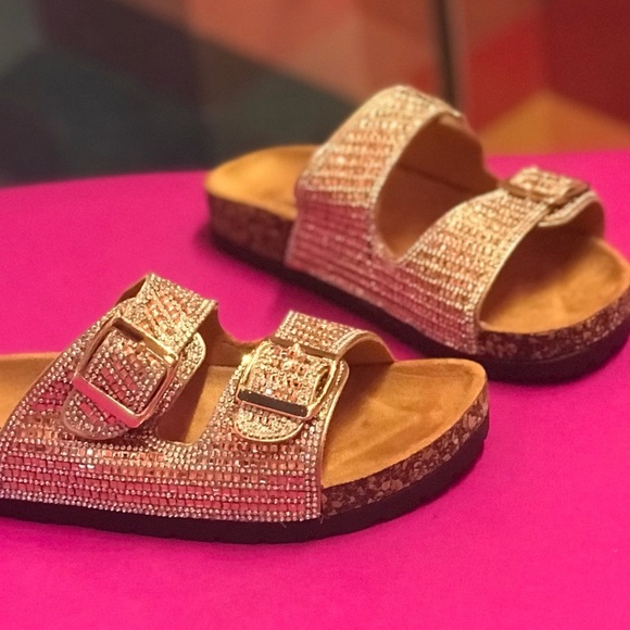 Italina Rhinestone Jewel Double Buckle Strap Cork Slide Contoured Sandal - Picture 3 of 15